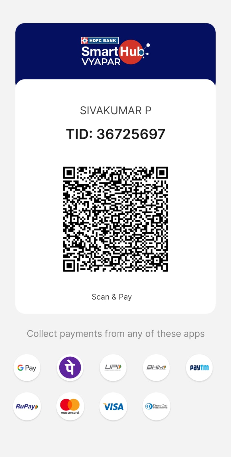 HDFC Bank SmartHub Vyapar payment QR code for Sivakumar P